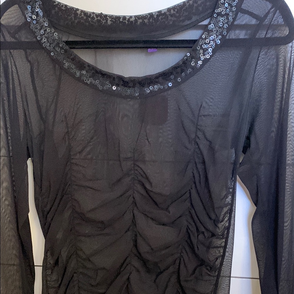 Black Sheer Long Sleeve Top with Sequin Collar